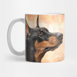 Contemporary Painting of a Gorgeous Black and Gold Doberman Pinscher on Orange Background Mug